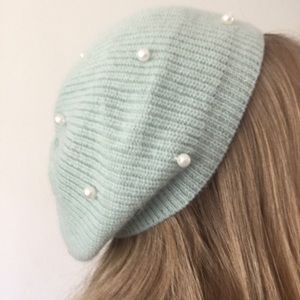 Women’s light blue pearled beanie